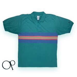 OP Ocean Pacific Single Stitch Polo Shirt XL Fits L Retro Striped Teal VTG 80s